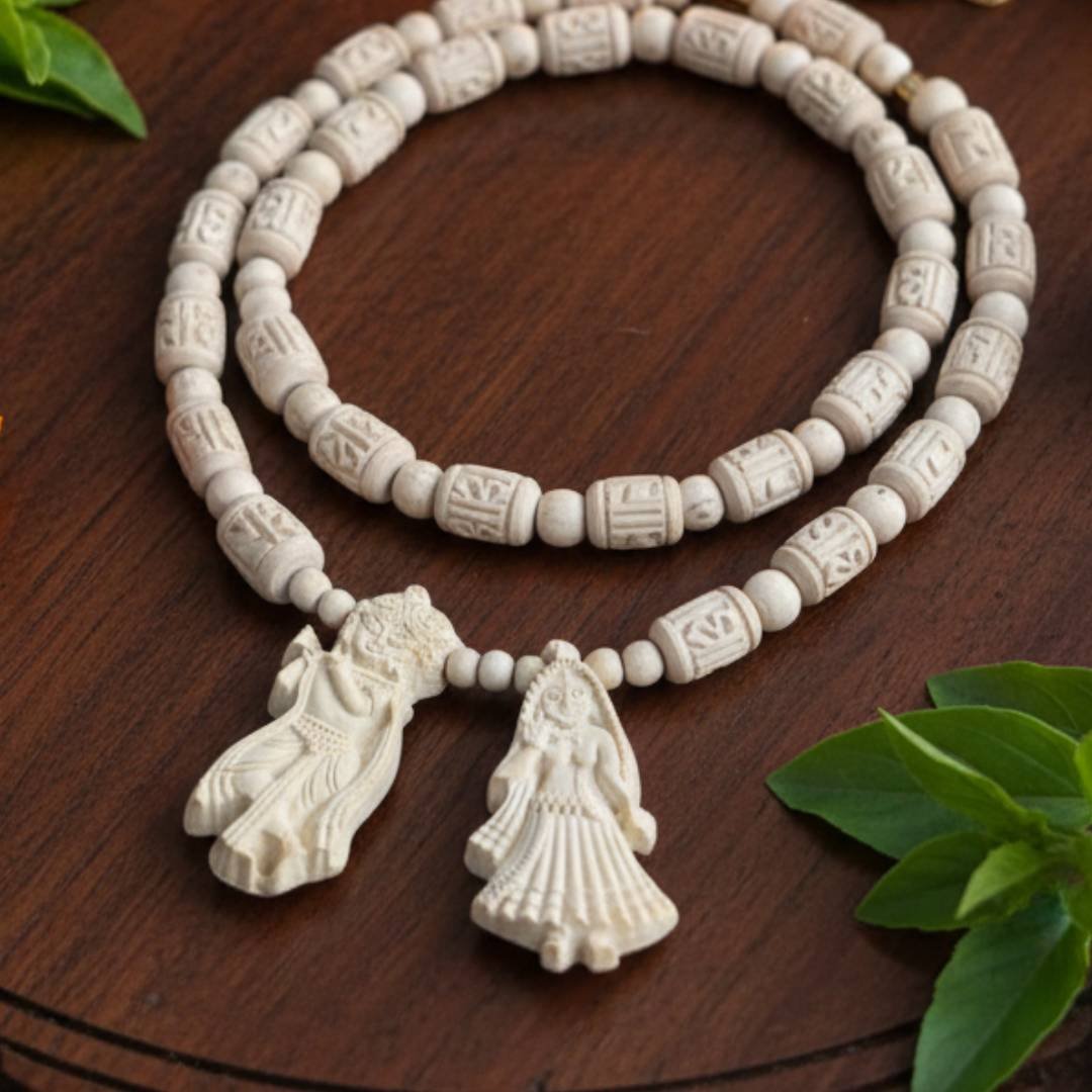 Handcrafted Radha Krishna Jugal Locket & Radha Engraved Tulsi Beads Mala