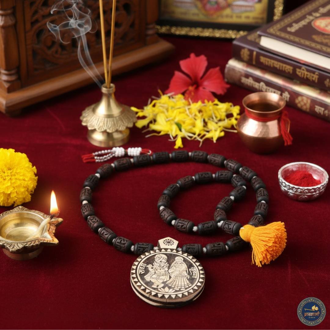 Shri Radha Krishna Tulsi locket and Brown Radha name handcrafted Tulsi beads mala