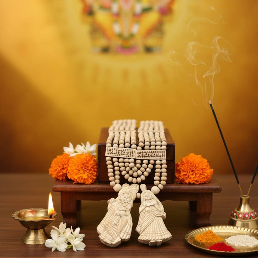 Radhakrishna Handcrafted Tulsi Locket & Tulsi Panch Mala Haar - Vrajwasi