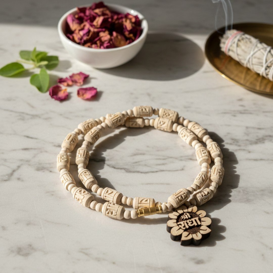 Shri Radha Flower Tulsi Locket with Radha Naam Beads & Small Beads Kanthi Mala