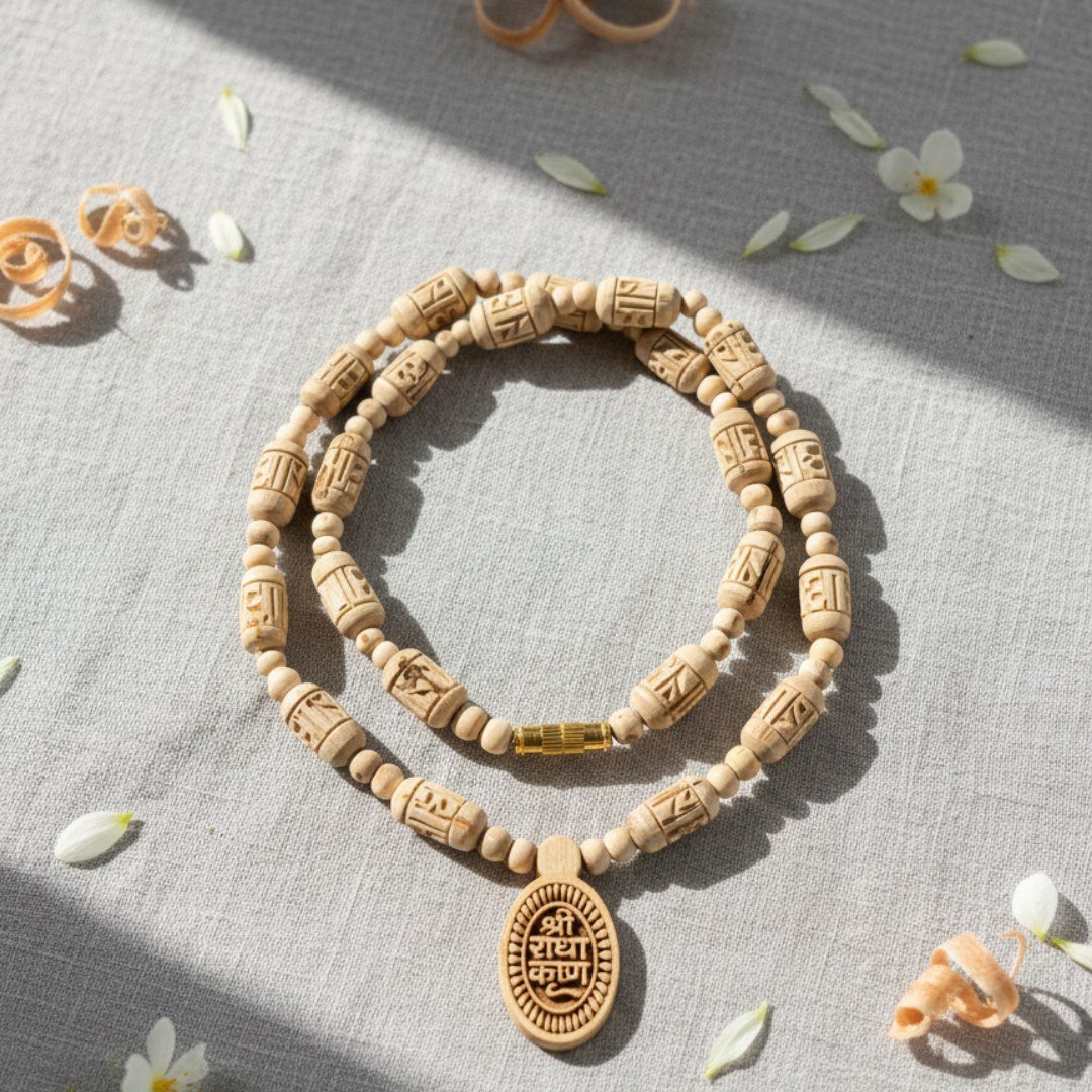 Shri Radha Krishna Tulsi Locket with Radha Naam Beads & Small Beads Kanthi Mala