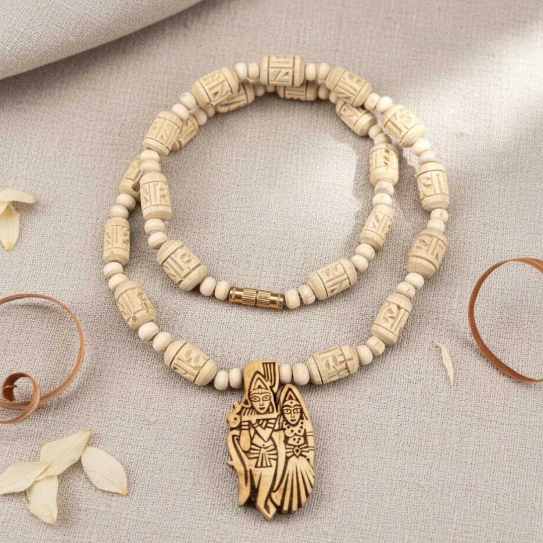 Shri Radha Krishna Chavi Tulsi Locket with Radha Naam Beads & Small Beads Kanthi Mala