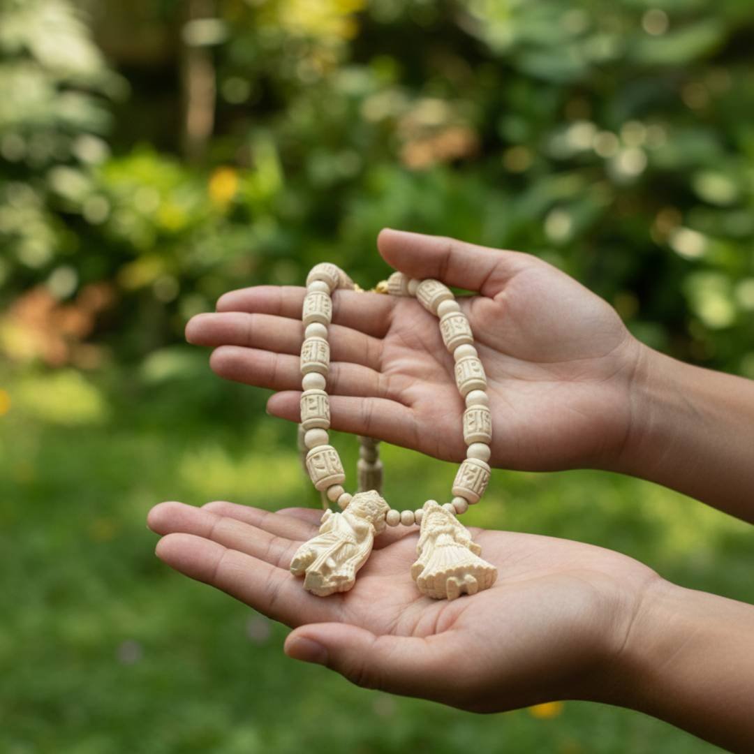 Handcrafted Radha Krishna Jugal Locket & Radha Engraved Tulsi Beads Mala