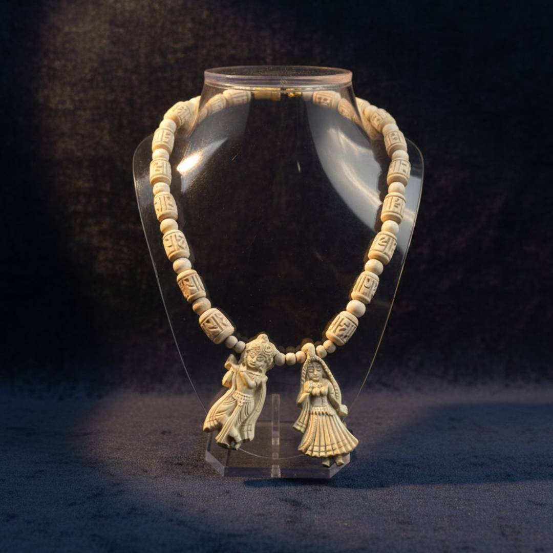 Handcrafted Radha Krishna Jugal Locket & Radha Engraved Tulsi Beads Mala