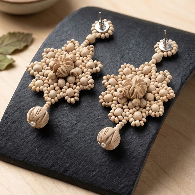 Handmade Pure Tulsi Jhumka with Lotus Shaped Tulsi Beads