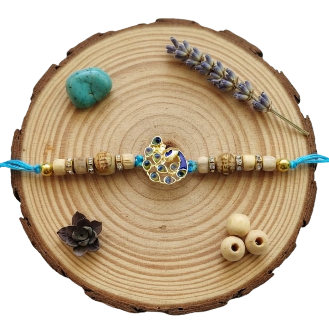 Peacock Tulsi Rakhi with Radha Beads