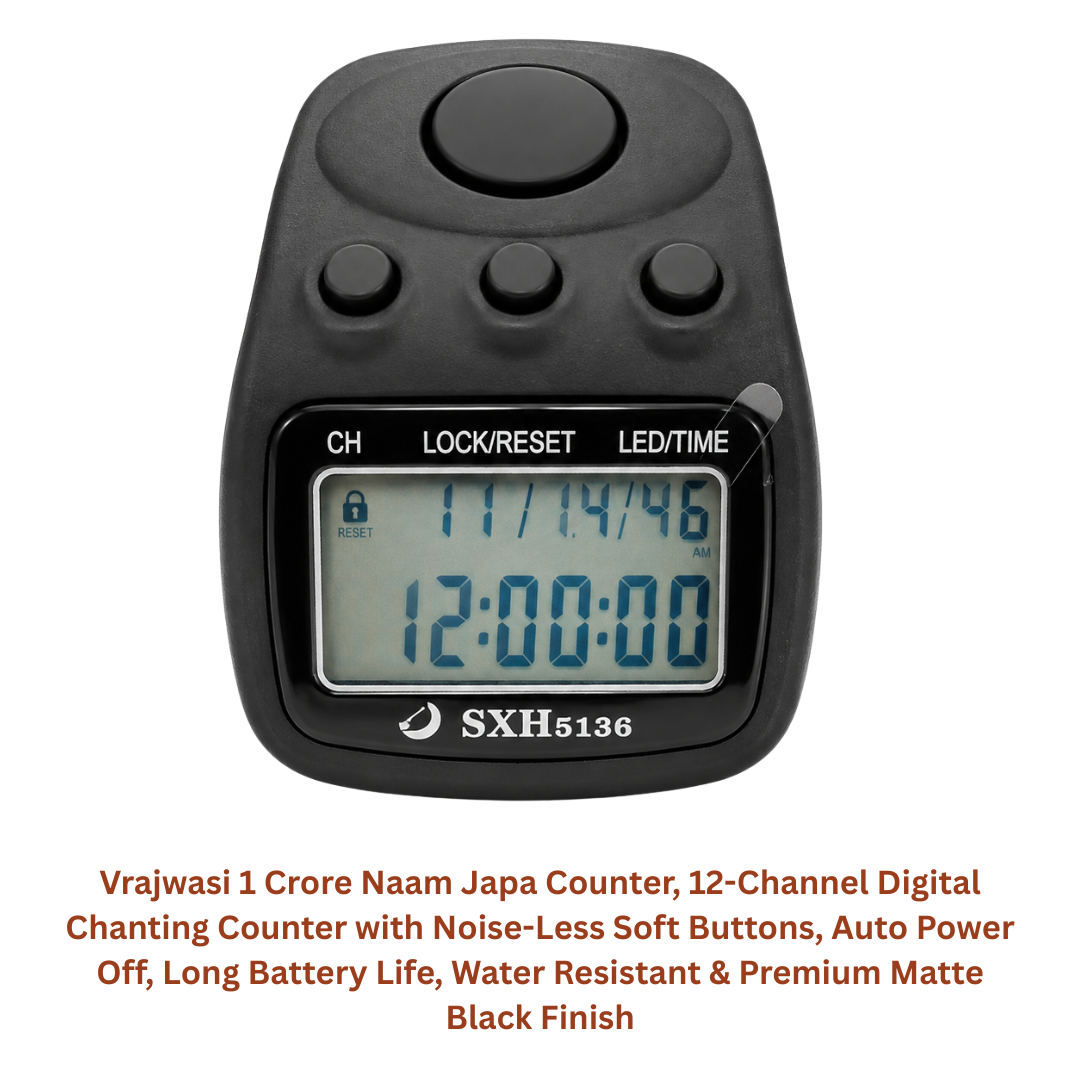naam japa counter, digital chanting counter, jap mala counter, mantra counter, naam smaran counter, digital mala counter, mantra jap counter, meditation counter, prayer counter, ram naam counter, krishna naam counter, radha naam counter, hare krishna counter, mahamantra counter, jaap counter, jap counter, finger tally counter, wearable tally counter, 1 crore counter, 12 channel counter, silent button counter, digital tally counter, spiritual counter, pooja accessory, temple accessory, chanting device
