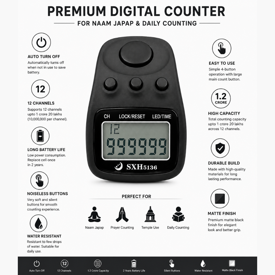 naam japa counter, digital chanting counter, jap mala counter, mantra counter, naam smaran counter, digital mala counter, mantra jap counter, meditation counter, prayer counter, ram naam counter, krishna naam counter, radha naam counter, hare krishna counter, mahamantra counter, jaap counter, jap counter, finger tally counter, wearable tally counter, 1 crore counter, 12 channel counter, silent button counter, digital tally counter, spiritual counter, pooja accessory, temple accessory, chanting device