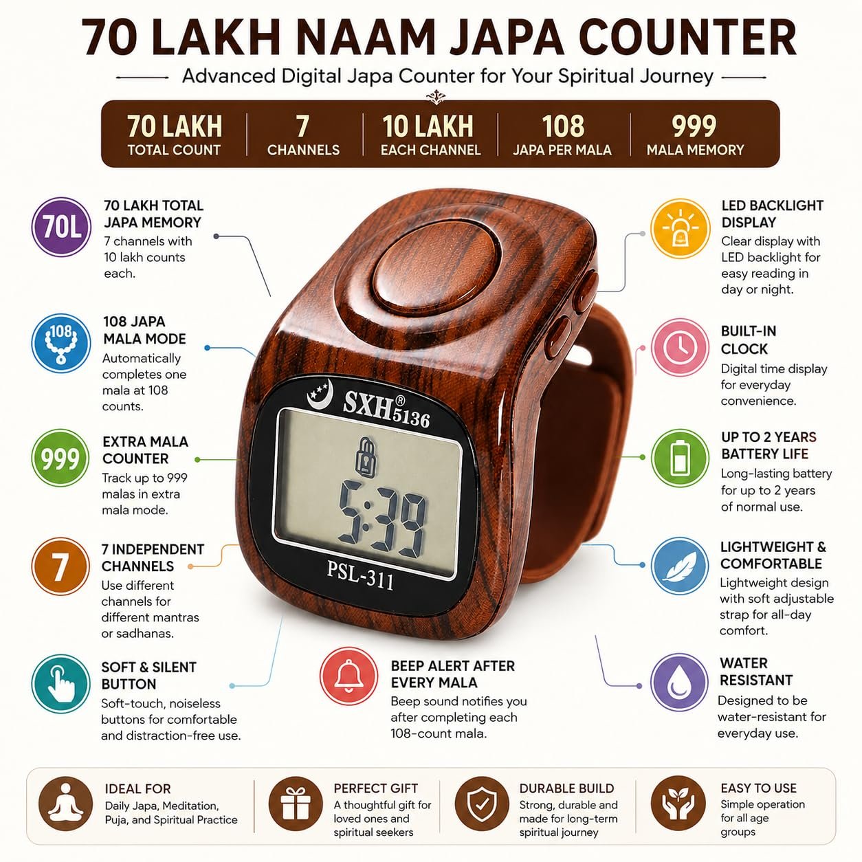 naam japa counter, digital japa counter, jap mala counter, 108 mala counter, tasbeeh counter, tally counter ring, mantra counter, chanting counter, jap counter machine, electronic mala counter, dhikr counter, zikr counter, puja counter, meditation counter, spiritual prayer counter, 70 lakh japa counter, 999 mala counter, LED japa counter, silent click counter, wearable finger counter, waterproof japa counter, Hindu prayer counter, Buddhist chant counter, rosary counter, japamala digital counter